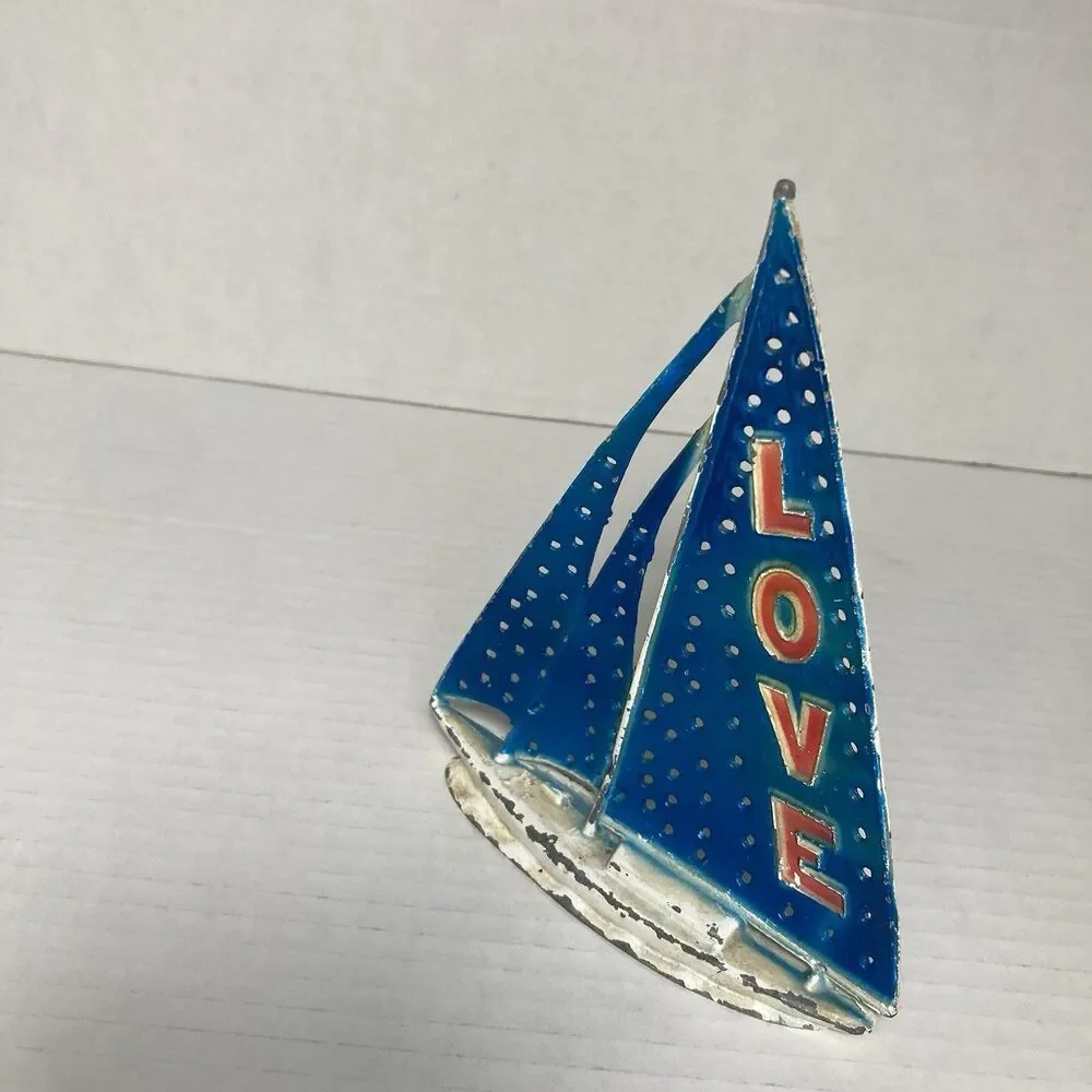 Vintage Sailboat Earring Holder Nautical LOVE Red White Blue Rustic